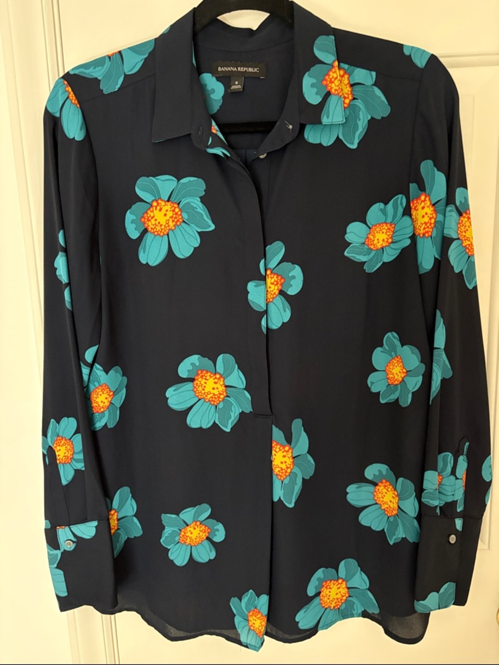 Banana Republic Navy Floral Button-Front Blouse with Teal and Yellow Print